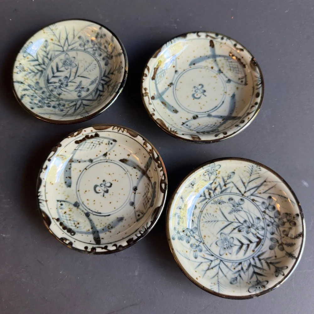 World Market Appetizer Bowls Japan Blue Cream Stoneware Floral Fish Set of 4 4